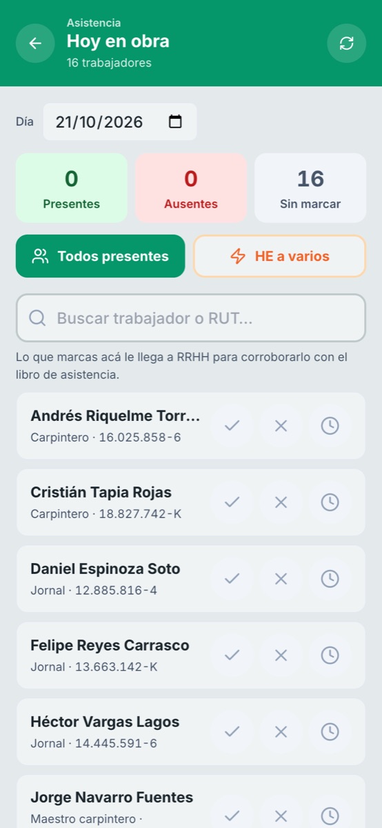 Asistencia del día de la obra marcada en el celular del capataz
