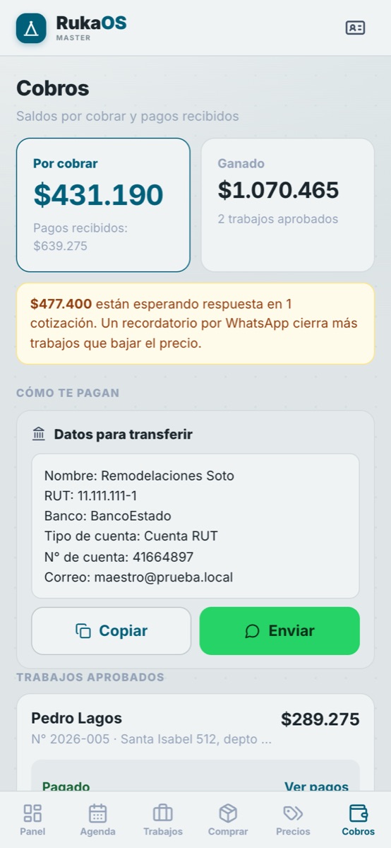 RukaOS Maestro: cobros y abonos de los clientes