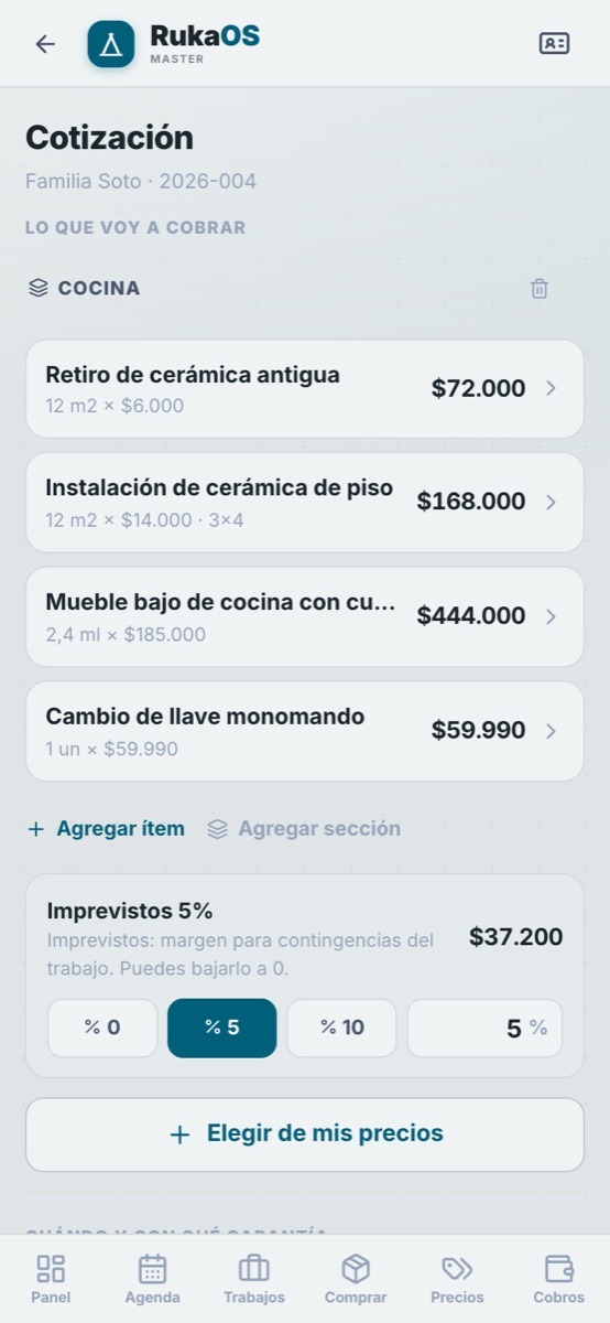 RukaOS Maestro: cotización de un trabajo hecha en el celular