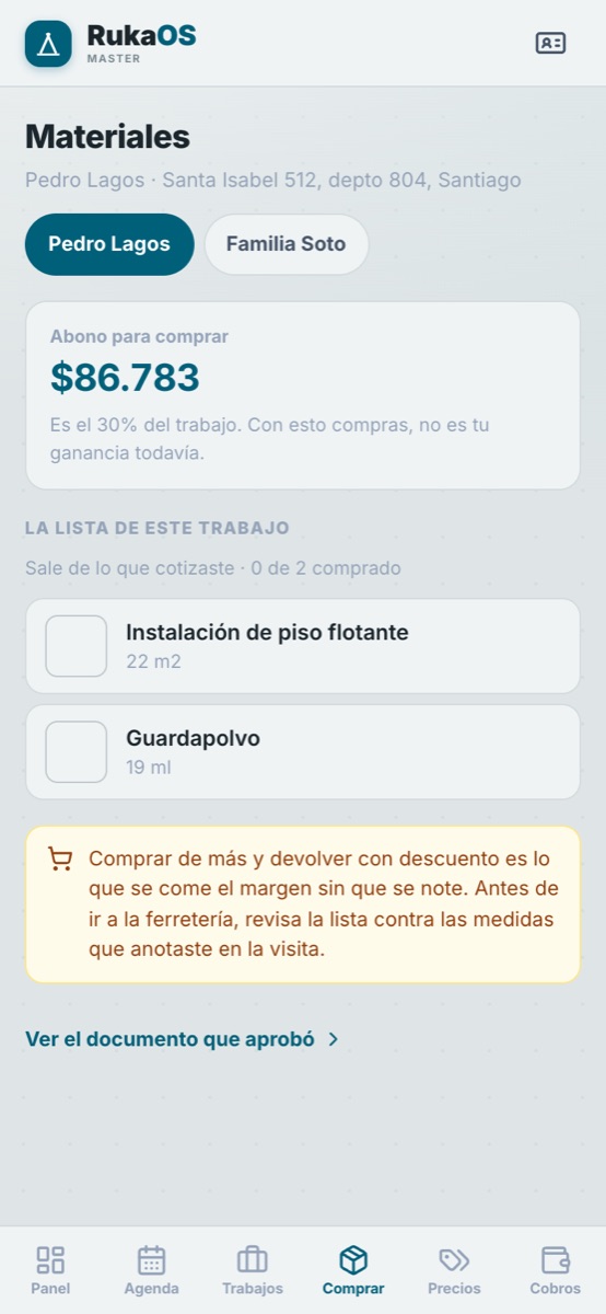 RukaOS Maestro: materiales de un trabajo