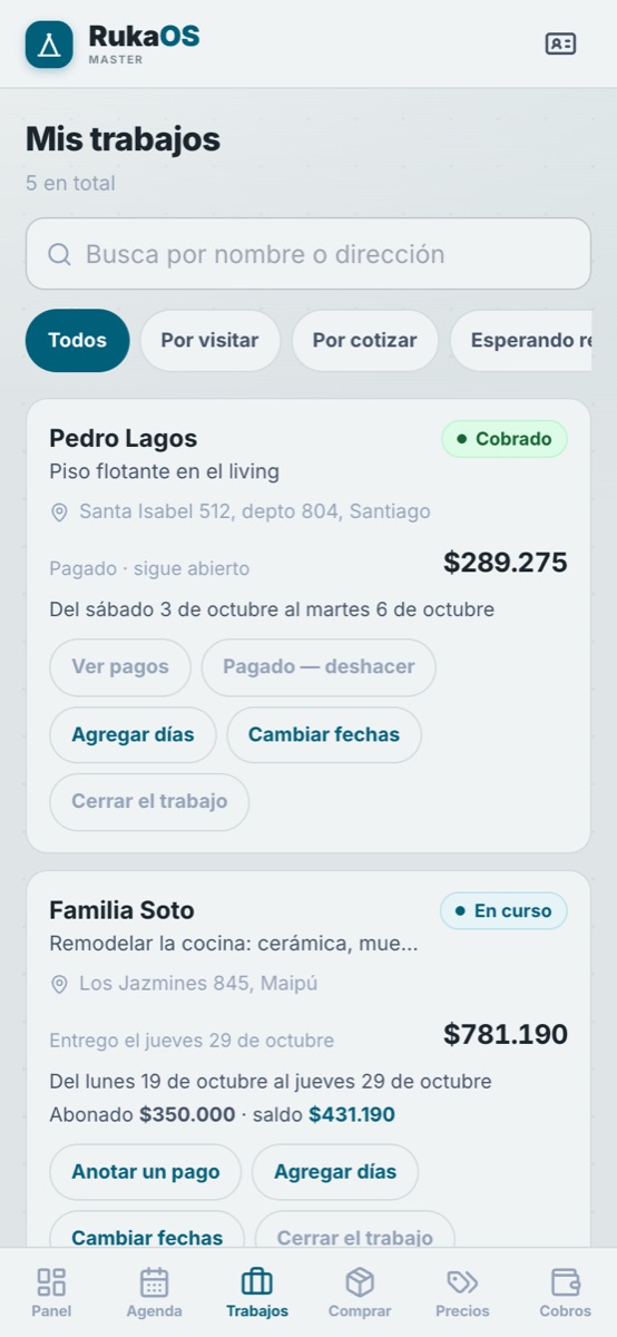 RukaOS Maestro: trabajos en curso con lo abonado y el saldo