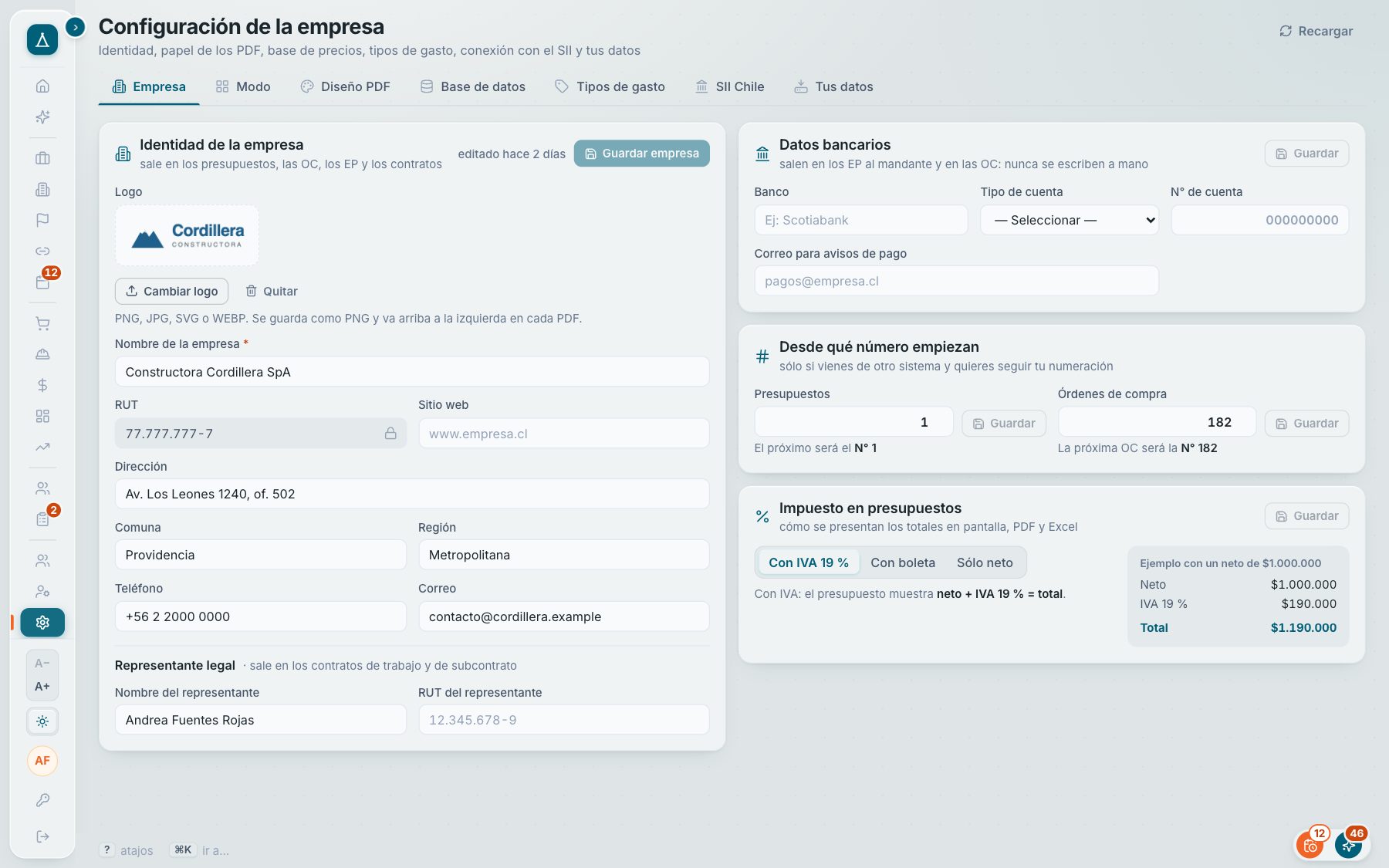 Configuración de la empresa en RukaOS: datos, logo y conexión con el SII