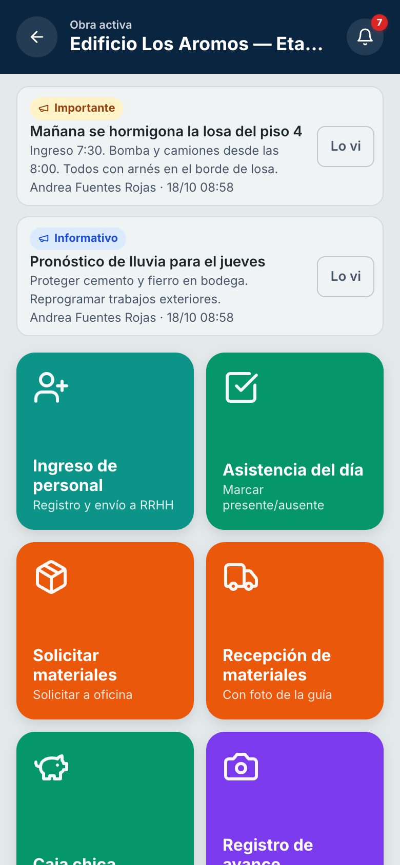 Modo Obra de RukaOS en el celular: botones grandes según el cargo