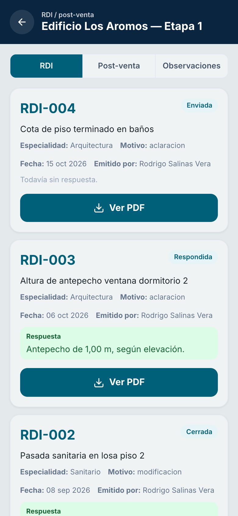 Las RDI de la obra en el celular del capataz